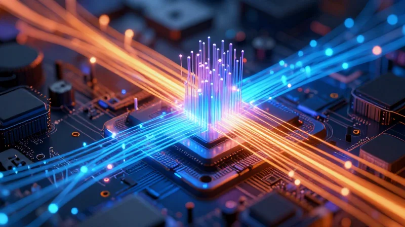 The Evolution of Heat Dissipation in High-Speed Networking Abstract digital representation of heat transfer in high-speed networking modules.