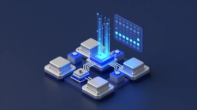 The Architecture of a Bit Error Rate Tester (BERT) An isometric 3D illustration showing the modular components of a digital bit error rate testing system with interconnected glowing data blocks.