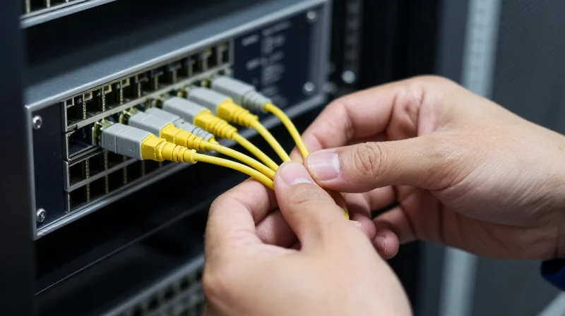 Practical BER Testing Procedures and Methodologies A close-up photograph of high-end optical fiber cables being connected to a piece of professional networking test equipment in a server room.