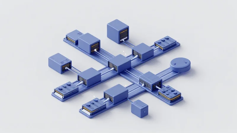 Scalability for 400G and 800G Ecosystems Isometric 3D model of complex network lanes and modules representing 800G ecosystem scalability.