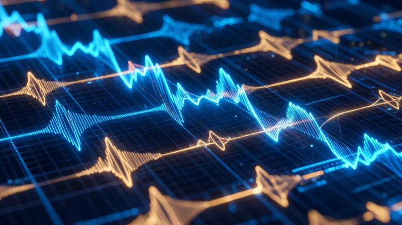 Abstract representation of overlapping light wave signals forming an eye pattern on a digital grid.