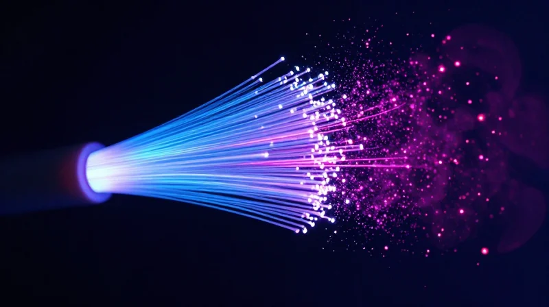 Abstract visualization of light pulses dispersing and scattering within an optical fiber.