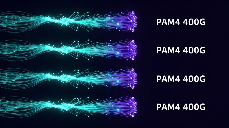 High-Speed Testing for 100G, 400G, and Beyond Visualization of multi-level PAM4 signals as four distinct glowing paths of data.
