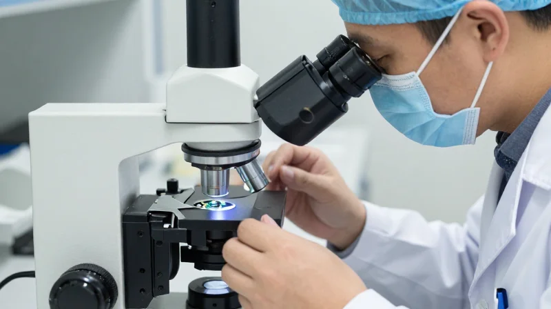 Quality Assurance in the Manufacturing Lifecycle A technician inspecting optical transceiver modules under a microscope in a cleanroom.