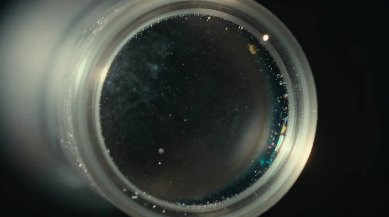 An extreme microscopic view of a fiber optic core showing dust particles and oil residues on the glass surface.
