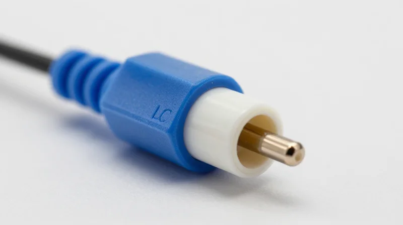 A close-up product shot of a blue LC fiber optic connector focusing on the white ceramic ferrule.