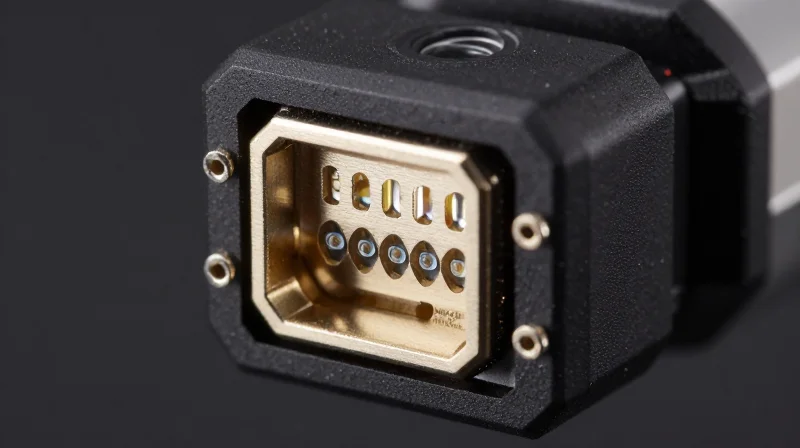 Macro view of an MPO connector end-face showing the row of multiple fibers and alignment pins.