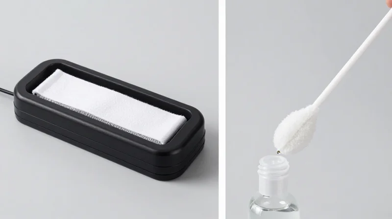 Side-by-side comparison of a dry fiber cleaning cassette and a wet cleaning swab with solvent.