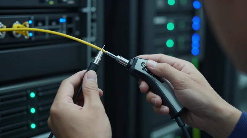 A technician using a digital fiber inspection probe to check a connector in a data center.