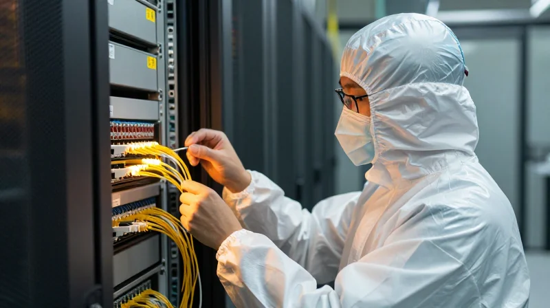 A professional technician inspecting fiber optic connections in a modern data center server rack.