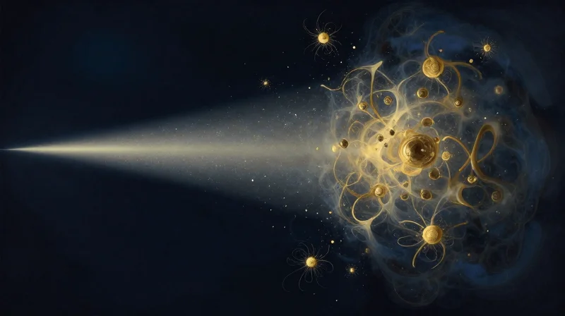 Abstract artistic representation of light beams being disrupted by floating micro-dust particles.