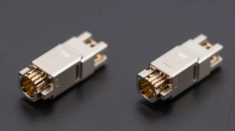 A side-by-side comparison of an MPO multi-fiber connector and an LC single-fiber connector.
