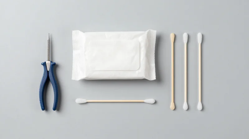 An organized overhead view of various fiber optic cleaning tools and accessories.
