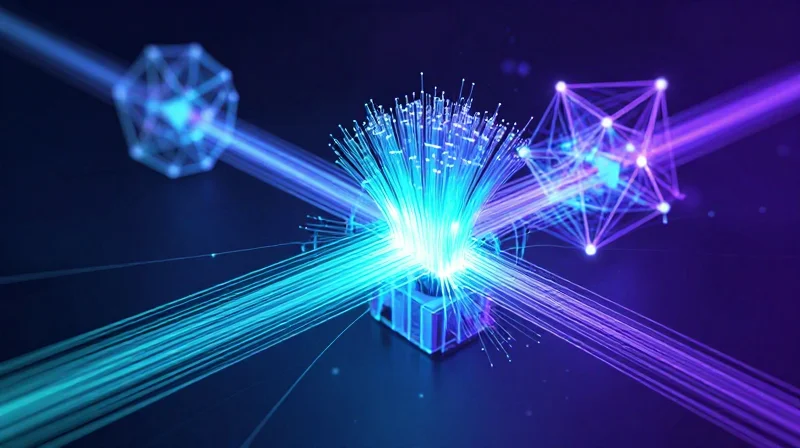 Futuristic visualization of high-speed optical network architecture and light paths.