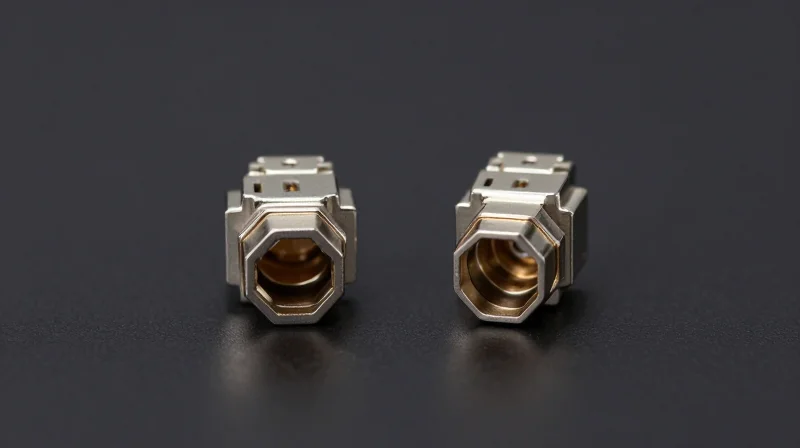 Side-by-side comparison of an MPO multi-fiber connector and an LC single-fiber connector