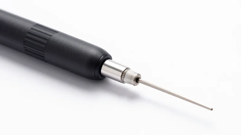 High-detail shot of a fiber optic cleaning tool tip showing the micro-fiber tape