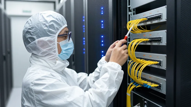 Technician in a professional data center inspecting fiber optic connections