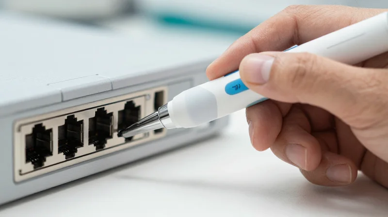 Close-up of a hand using an ergonomic one-click fiber optic cleaner on a network port