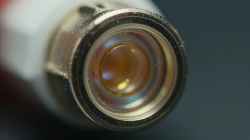Microscopic view of a fiber optic end-face showing dust particles and contamination on the glass core.
