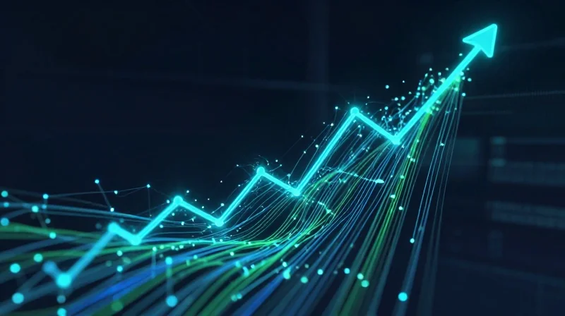 Abstract technology concept showing upward trending data and glowing nodes representing financial growth.