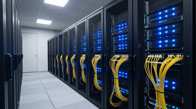 Interior of a modern data center server room with blue ambient lighting and rows of fiber optic cables.