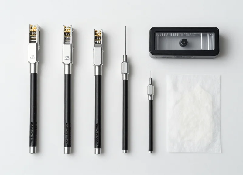 A professional flat lay of various fiber optic cleaning tools, including MPO and LC click cleaners, cleaning tape, and swabs, neatly arranged on a clean technical surface.