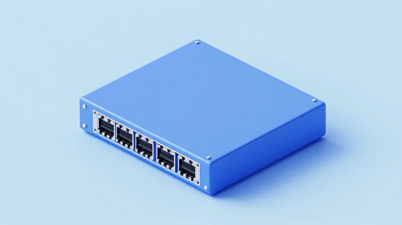 The Role of Multi-Source Agreements (MSA) Isometric 3D illustration of a modular network switch representing interoperable hardware standards.