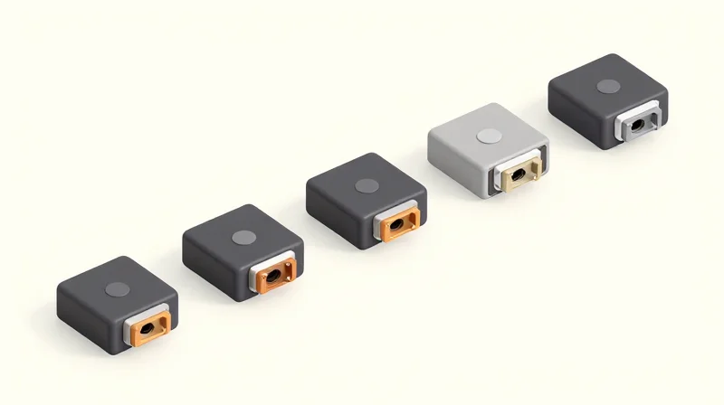 Isometric 3D view of networking modules evolving from large hardware to small standardized fiber optic transceivers.
