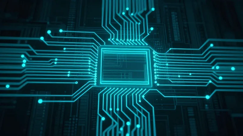 Abstract data visualization of high reliability metrics with smooth flowing digital light trails in a dark technical space.