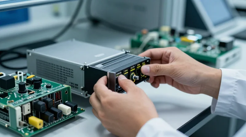 Close-up photo of a professional technician testing high-performance optical modules in a modern electronics lab.