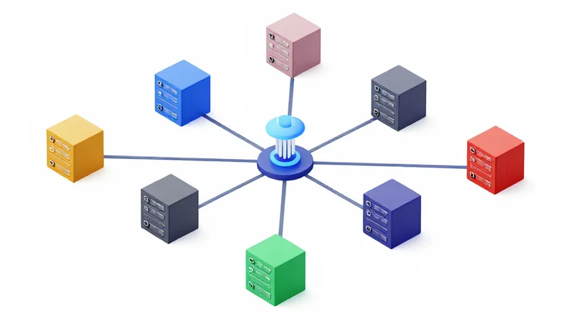 Isometric 3D model showing various network devices connected to a central hub using interoperable optical components.