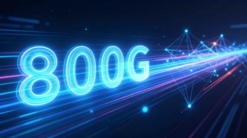 Futuristic visualization of high-speed light trails representing 800G data transmission speeds in a digital fiber optic environment.