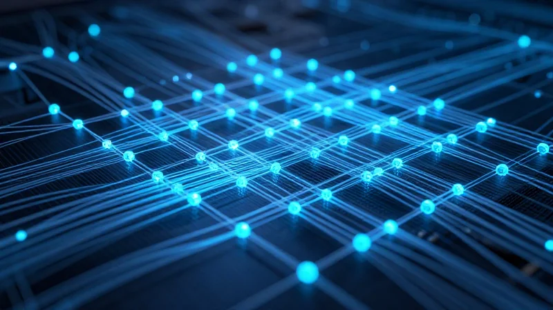 Abstract visualization of a modern open data center network with glowing fiber optic data streams.