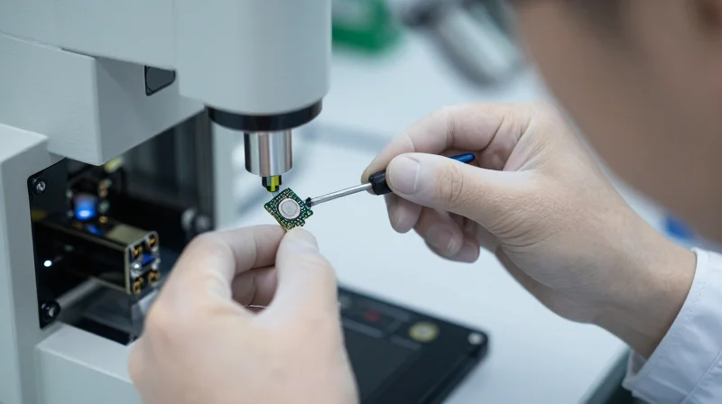 A technician in a high-tech lab inspecting an optical transceiver module with precision instruments.