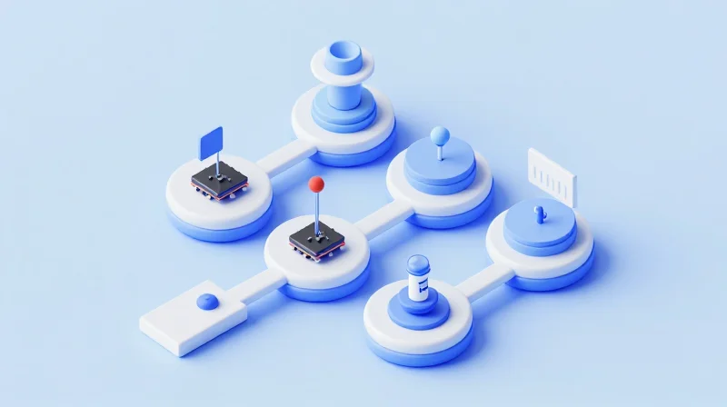 Isometric 3D illustration of a multi-stage testing process for hardware modules.