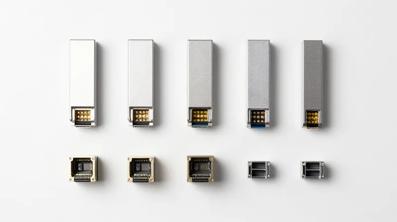 A collection of various optical transceiver modules neatly arranged on a clean tech-bench surface.