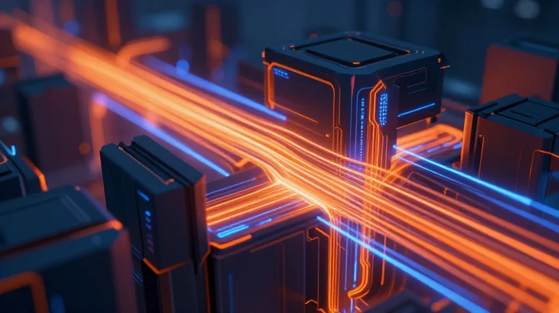 Abstract representation of high-speed data flow and thermal resilience in a data center.