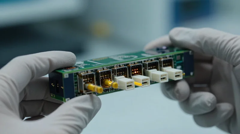 Close-up of a high-grade optical transceiver being inspected in a modern high-tech laboratory