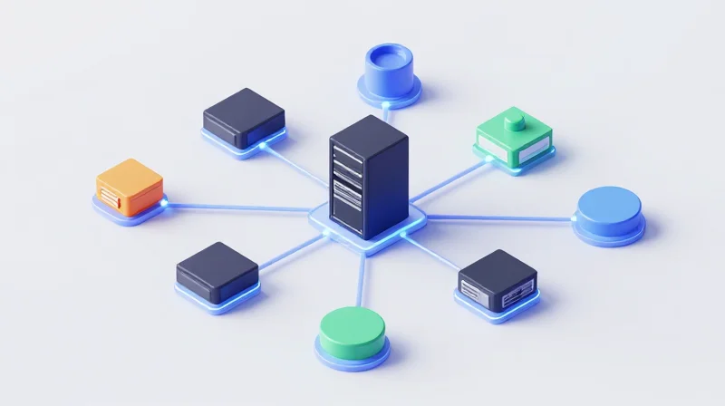 3D conceptual map of various networking brands interconnected by optical fiber representing compatibility