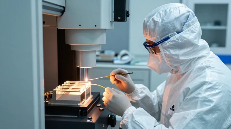 A professional cleanroom facility where technicians perform optical stress tests