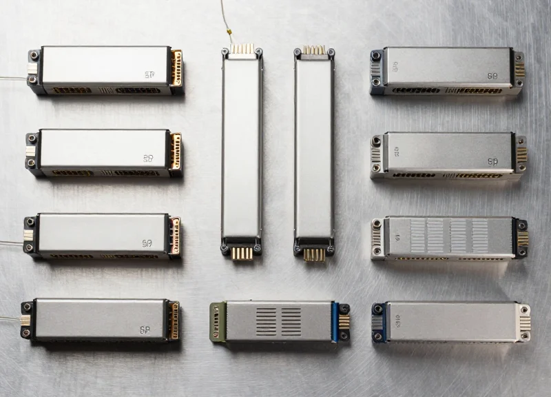 A professional flat lay photograph of various fiber optic transceiver modules neatly arranged in a grid on a clean metallic surface, representing bulk inventory and wholesale supply.