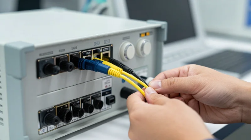 Standardized Testing Methodologies and Lab Frameworks Close-up of network testing hardware in a professional laboratory setting.