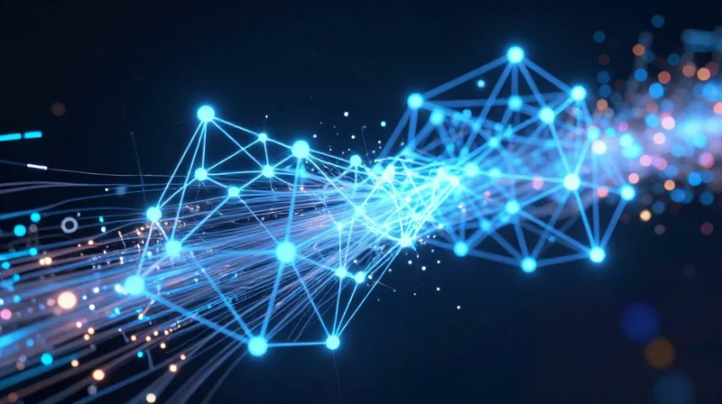 Future Trends: AI-Driven Testing and the Path to 1.6T Futuristic conceptual art showing AI nodes integrated with network fiber optics.