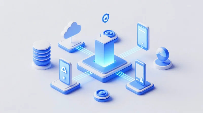An isometric 3D visualization of a modern digital ecosystem showing interconnected devices and cloud modules.