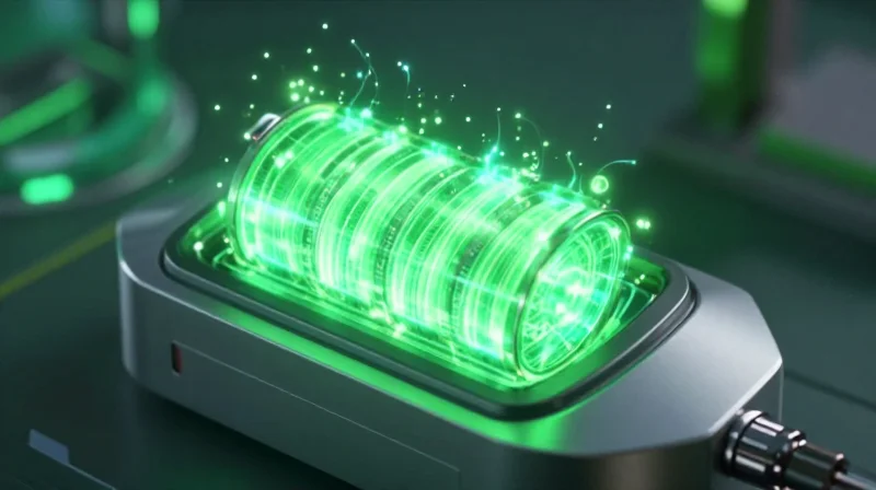 A glowing energy core inside a futuristic device representing battery longevity and efficiency.