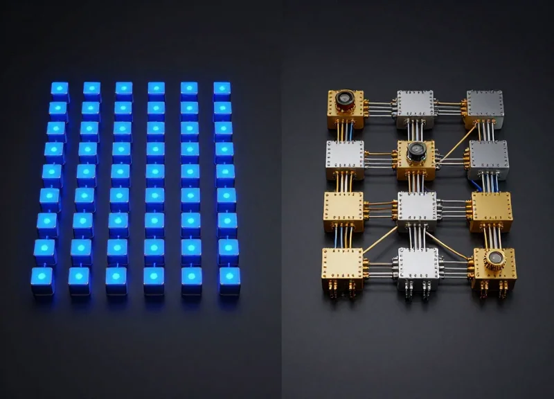 A professional side-by-side visual comparison of two different technical testing environments with glowing circuitry and modular electronic components on a sleek dark surface.