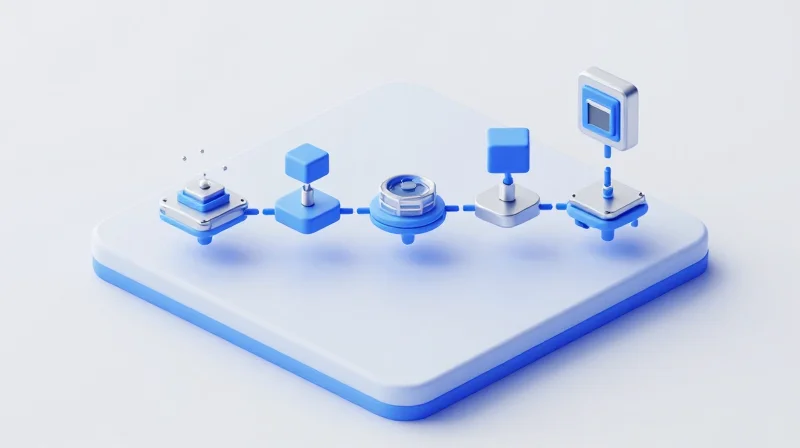 The Rigorous 4-Step Testing Lifecycle for IOT Modules Isometric 3D illustration showing a sequential four-step network testing process.