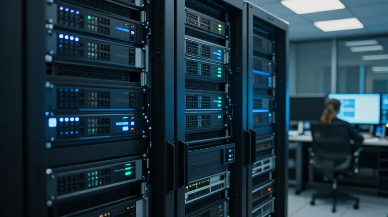 Ensuring Stability in Mission-Critical Infrastructure Cinematic shot of a professional network operations center showing stable infrastructure.
