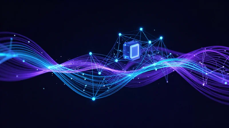 Abstract visualization of interconnected digital nodes and data streams representing interoperability.