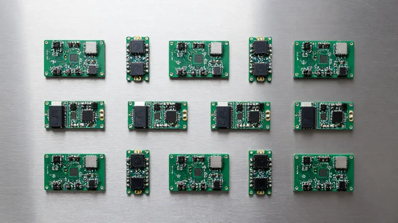 A flat lay arrangement of multiple identical IOT networking modules representing wholesale supply.